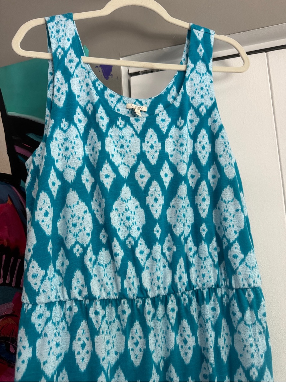 Sonoma Life Style Turquoise Ikat Geometric Tank Dress Pockets XL - Picture 2 of 7